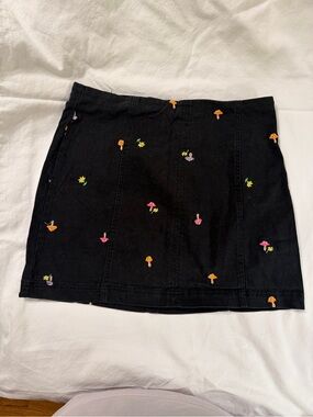 Tinseltown Black Mini Skirt with Colorful Mushroom Embroidery